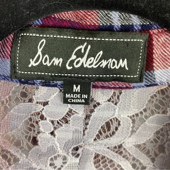 SAM Edelman Riley Blue Red Plaid Lace Back Button Down Shirt Medium - Picture 14 of 15